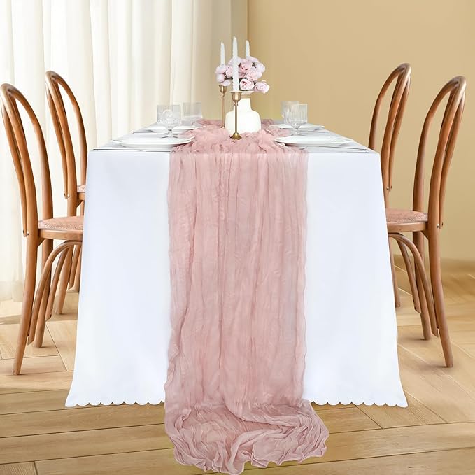 Pink Cheesecloth Table Runner, 10FT Dusty Pink Boho Gauze Table Runner for Spring Easter Mother's Day Baby Shower Bridal Shower Wedding Tea Party Table Centerpiece Decorations