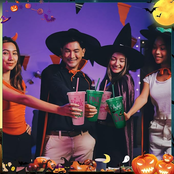 12 Pcs Pink Green Plastic Cups with Lids and Straws 24 oz Reusable Tumbler for Witch Princess Enchanted Theme Parties Birthdays Bachelor Party Decoration