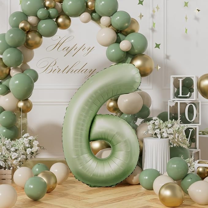 AULE 40 Inch Large 6 Balloon Numbers Sage Green, Big Foil Number Balloons, Giant Helium Happy Birthday Party Decorations for Man and Women, Huge Mylar Anniversary Party Supplies