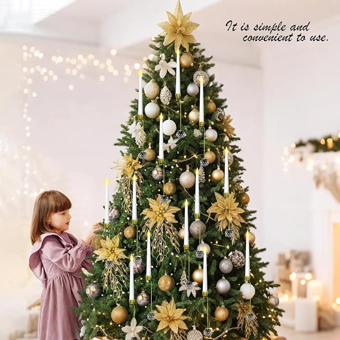 Flameless Christmas Tree Hanging Candles with Remote,12 Pcs LED Taper Candles,Flickering Battery Operated Taper Candle with 12 Crystal Ball Hooks for Christmas Decorations Best Gift(White)