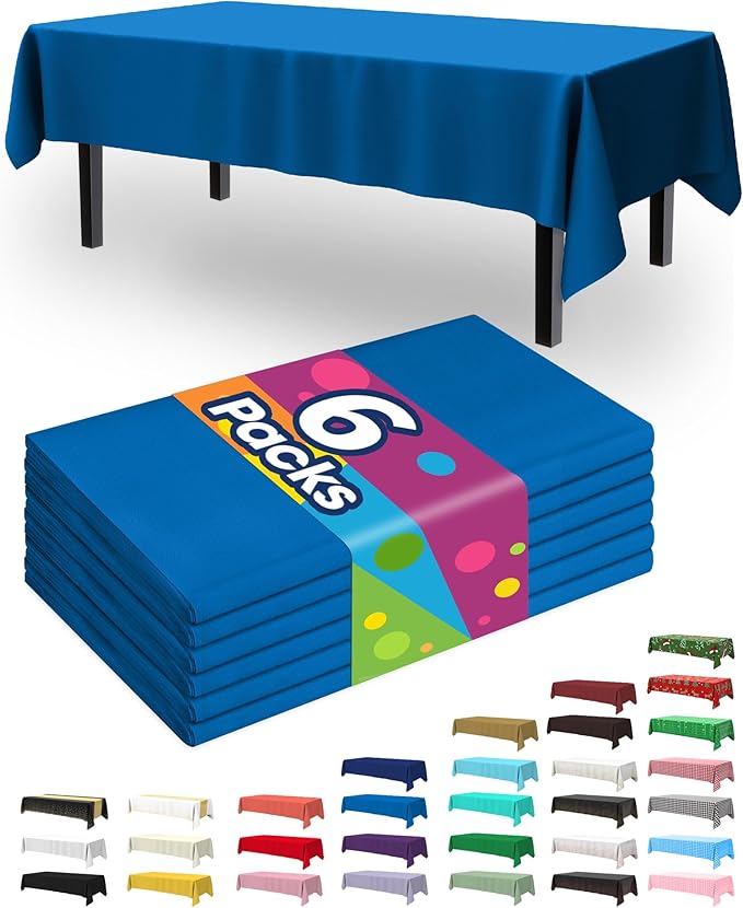 Pureegg Plastic Table Cloth Disposable 6 Pack, 54 x 108 Inch Table Cloths, Patriotic Decorations, Thanksgiving, Veterans Day Tablecloths, Rectangle, Plastic Cover, Waterproof, Blue
