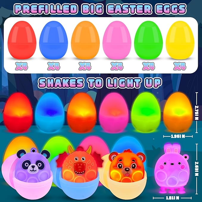 Prefilled Easter Eggs with Light Up 3D Animal Pop Toys, 24 Pack Easter Eggs Filled, Easter Basket Stuffers for Toddler Eggs Hunt, Glow in The Dark Easter Egg, Easter Gifts for Kids