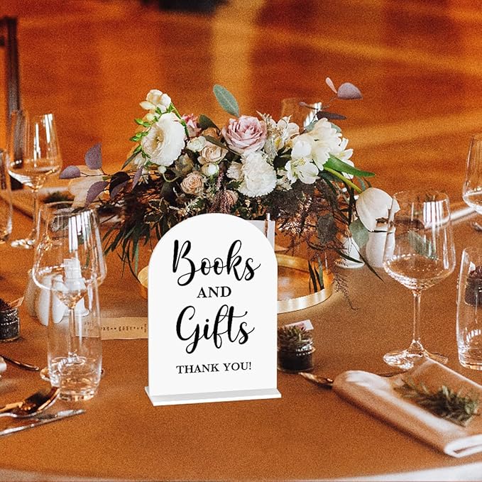 Baby in Bloom Shower Decorations, Baby Shower Sign, Newborn Gifts, Books and Gifts Signs, Modern Calligraphy Arched Acrylic Table Top Signs With Stand for Birthday Party Decorations (White)