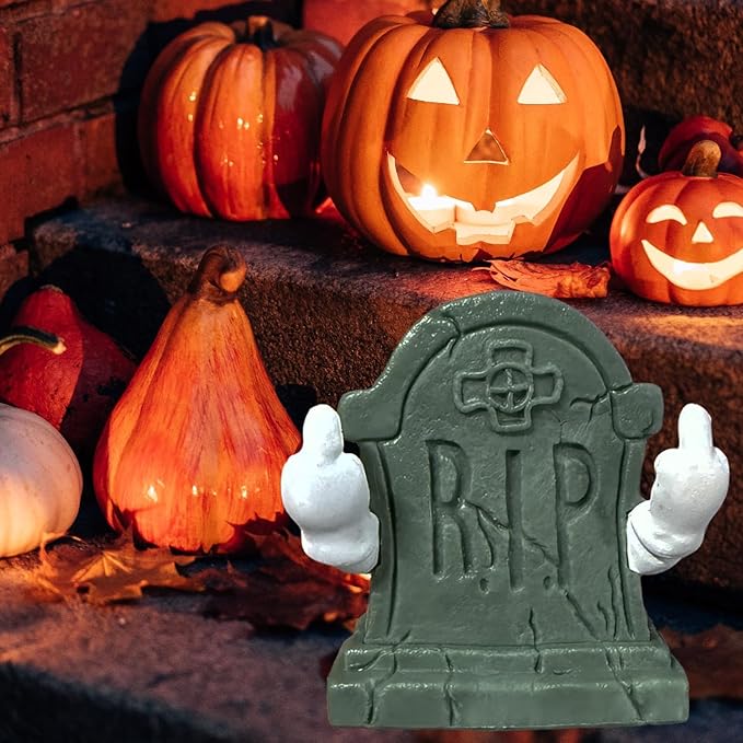 Halloween Graveyard Tombstone Statue Middle Finger Figurines Cute Mini Halloween Desk Ornaments Decor Spooky Sculpture for Home Office Decor Holiday Party Decorations