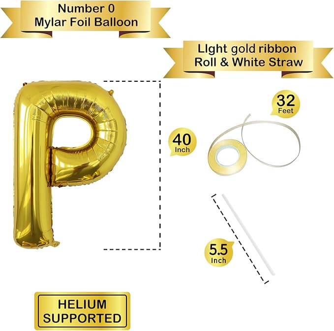 Letter Balloons Gold Party Balloon - 40 Inch Large Gold Letter P Balloon, Letter Balloon Birthday Decorations, Balloon for Women Men Anniversary Party Decorations Supplies