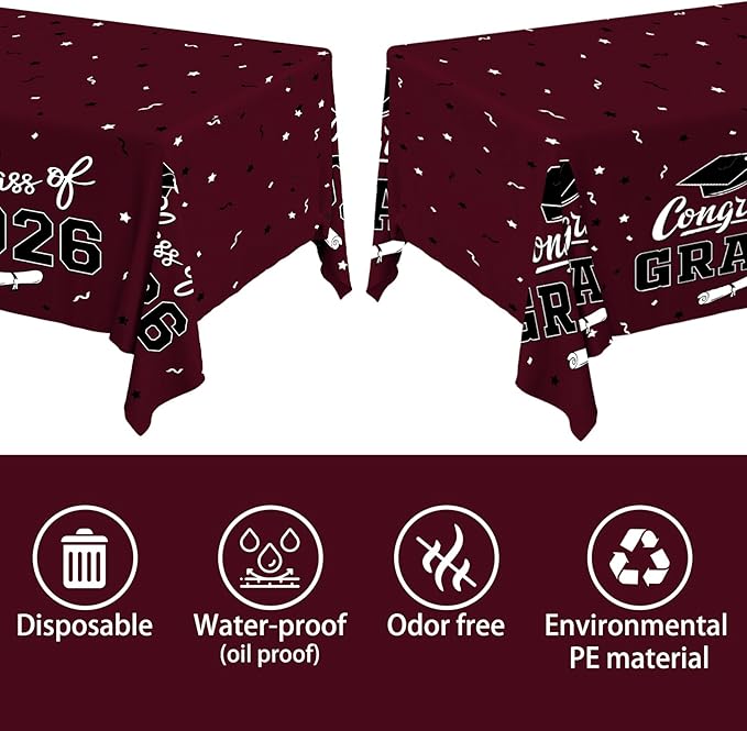 Gatherfun 2026 Graduation Decorations : 2-Pack Congrats Grad Disposable Tablecovers - Class of 2026 Maroon Themed Table Cloths, for Graduation Party Supplies & Graduation Backdrop, 54" X 108"