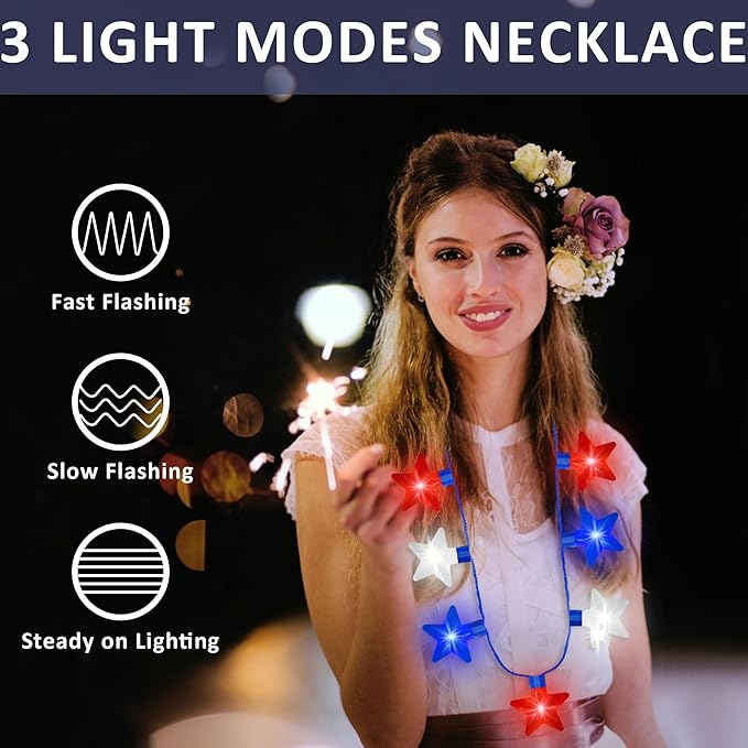 4th of July Necklace Party Favors, 20PCS Independence Day Light up Necklace, 7 Bulb Red Blue Whtie Stars Necklace, Glow Necklaces Bulk for Memorial Day Patriotic Themed Parades Parties Supplies