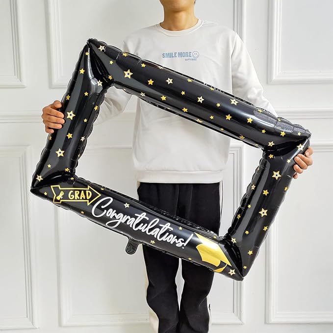 135Pcs Black Gold White Graduation Balloon Garland Arch Kit,with Explosion Star,Diploma,Trophy,Grad Hat,Photo Frame Foil Balloons for Congrats Class of 2025 Graduates Celebrations Party Decoration