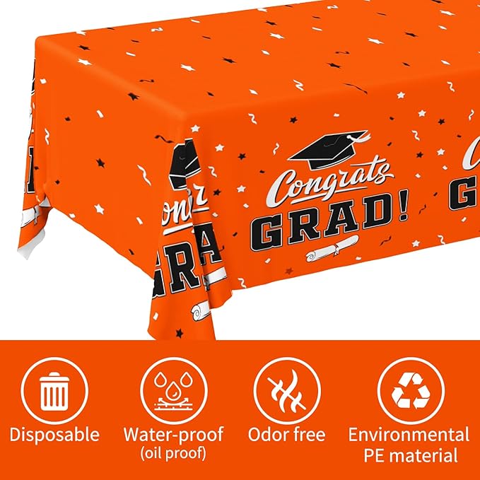 Gatherfun Graduation Party Decorations, Gongrats Grad Tablecover for Graduation Party Supplies, 3 pcs Orange Table Cloths, 54"x108"