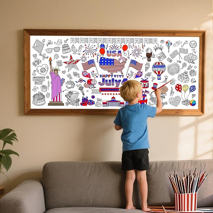 4th of July Coloring Tablecloth Patriotic Giant Poster 30x72 Inch Independence Day Coloring Poster DIY Statue of Liberty American Flag Themed, for School Classroom Wall Home Party Suppiles