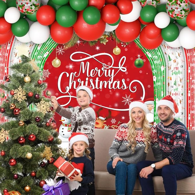 137pcs Merry Christmas Party Decorations Christmas Balloon Garland Arch Kit Red Green Foil Fringe Curtain Xmas Balloons Decorations Xmas Birthday Backdrop Party Balloons Supplies
