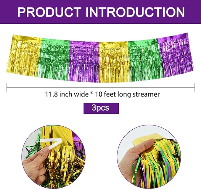 BEISHIDA 3 Packs Metallic Foil Fringe Garland Green Gold Purple Wall Hanging Tinsel Fringe Banners for Car Floats Bridal Shower Wedding Birthday Easter Graduation Holiday Party Deco(30 Feet)