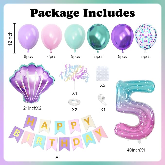 5th Mermaid Birthday Decoration for Girls,Pink Purple Green 5th Birthday Balloon Number 5 Seashell Foil Balloons Banner Mermaid Sea Party Decor Supplies for 5 Year Old