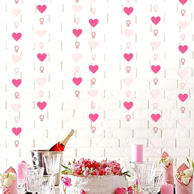 Hot-Pink Rose Gold Heart-Ring Garland - 52Ft Engagement Bachelorette Party Decorations Wedding Paper Streamers Banner, Valentines Day Galentines Proposal Decor Lasting Surprise