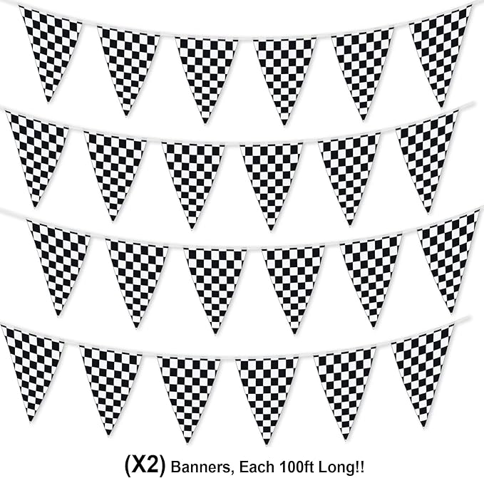 Checkered Flags Black and White 100’ FT Pennant Racing Banner | NASCAR Theme Party Decoration Plastic Flag | Race Car Parties Décor | Decorative Birthday BBQ Bar Hanging Accessories | 2-Pcs Banner Set