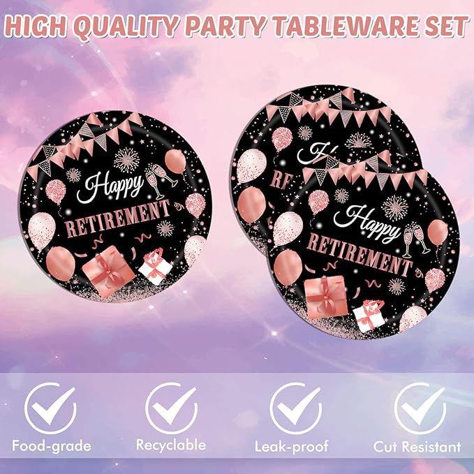 40PCS Happy Retirement Party Decorations Kit for Women Black and Rose Retirement Plates and Napkins Sets Disposable Dinnerware Party Supplies