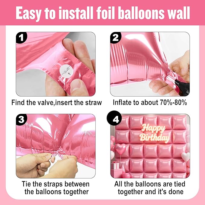 36Pcs Pink Square Foil Balloons Wall Backdrop, Double Sided Metallic Foil Balloons Tunnel Arch Garland Kit for Photo Booth Birthday Wedding Halloween Christmas Party Decorations