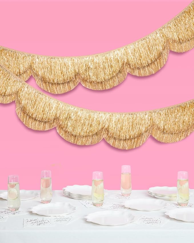 xo, Fetti Gold Scalloped Layered Fringe Banner - 5 Ft. | Bachelorette Party Decorations, Birthday Party Decor, HBD Decor, Photo Booth Banner Backdrop