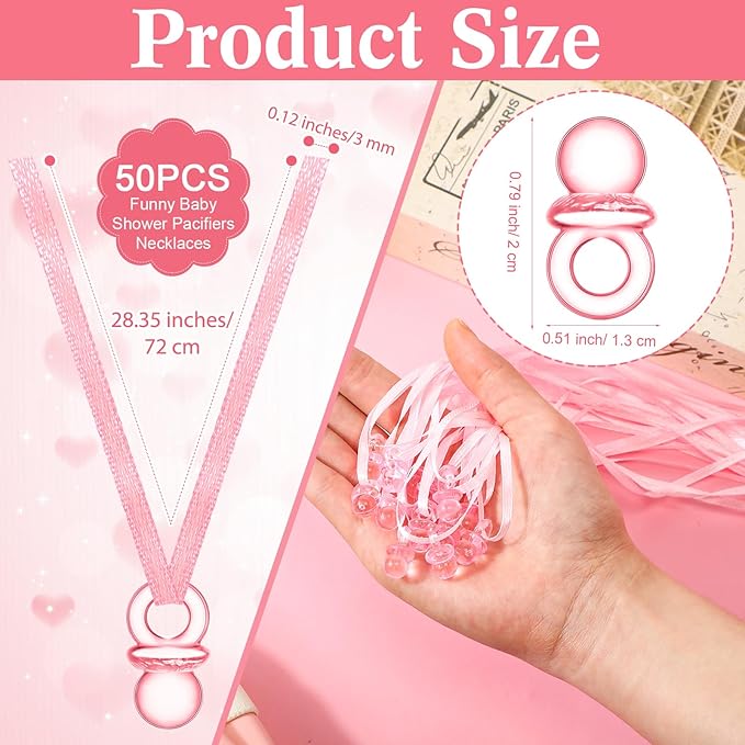 Geetery 51 Pcs Don't Say Baby Game Sign Cool Baby Shower Game 50 Pacifier Necklace Wooden Don't Say Sign Plastic Pacifier Party Favor for Gender Reveal(Woodland,Pink)