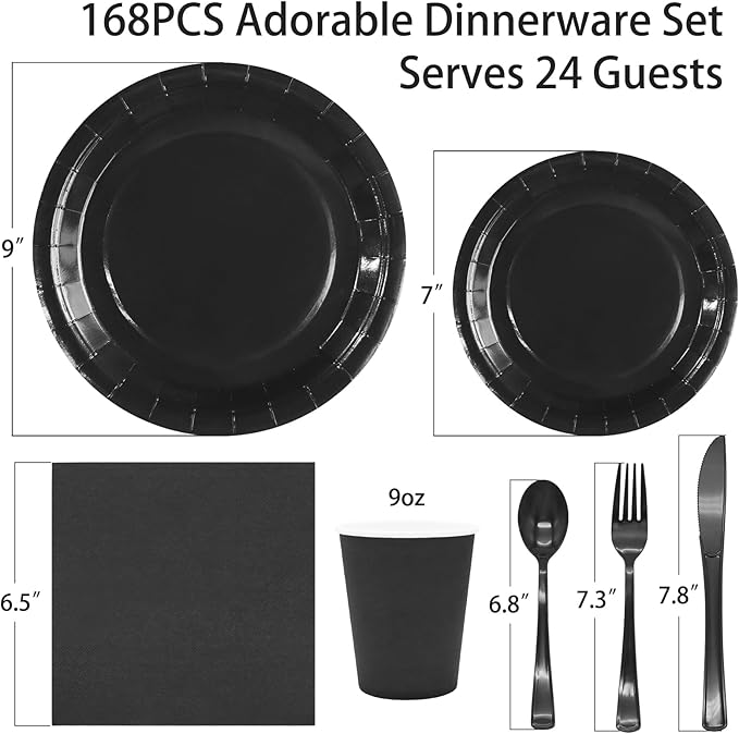 168pcs Black Paper Plates and Napkins for Halloween Birthday Anniversary Decorations, Black Plates Disposable Dinnerware Sets for Party Supplies and Party Decorations Serves 24