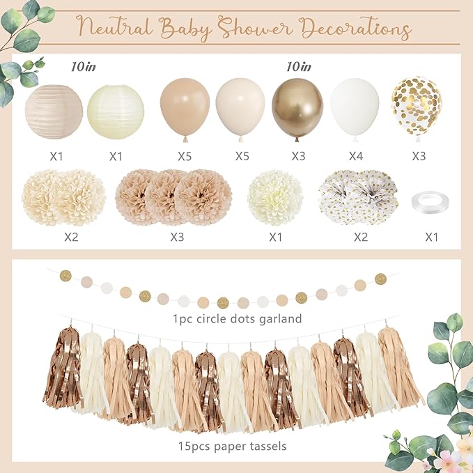 Amandir Baby Shower Decorations Neutral Beige Balloons Welcome Baby Banner, Cake Topper, Paper Lanterns, Pom Poms Flowers Tassels, Circle Dots Star Garland, Gender Reveal Boho Birthday Party Supplies