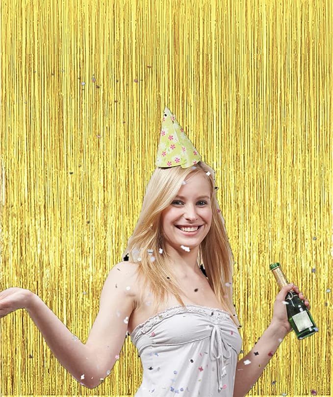 2 Pcs 3.2ft x 8.2ft Shiny Gold Metallic Tinsel Foil Fringe Curtains Photo Booth Backdrop for Birthday Wedding Holiday Celebration Bachelorette Party Decorations