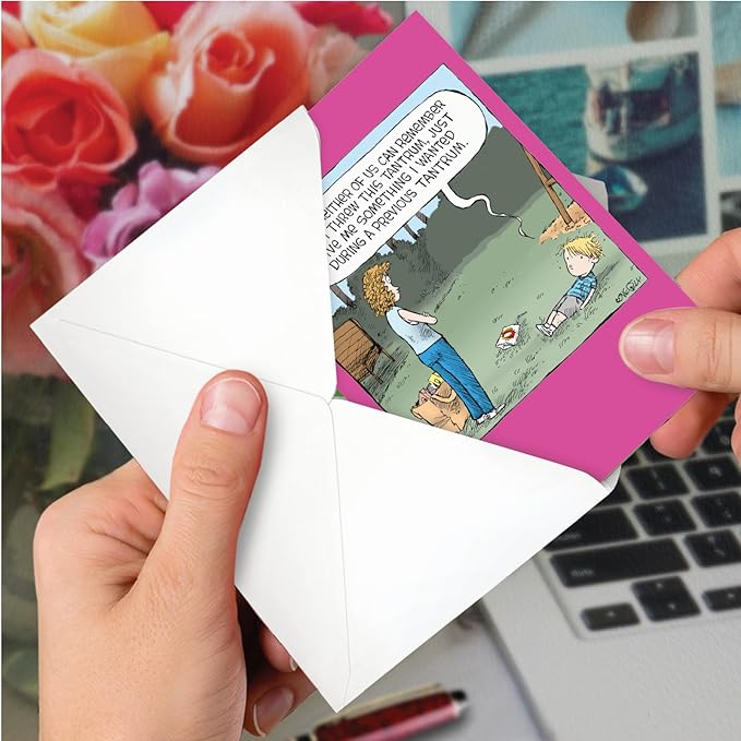 NobleWorks - 1 Humor Belated Birthday Card with Envelope - Funny Cartoons for Birthday Greetings, Celebration Notecard - Tantrum C8878BEG