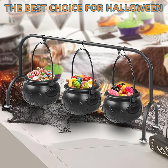 Easter Decorations Indoor,Set of 3 Witches Cauldron Candy Serving Bowls on Rack, Party Decorations,Black Plastic Candy Cauldron for Table Decor,Easter Candy for Kids