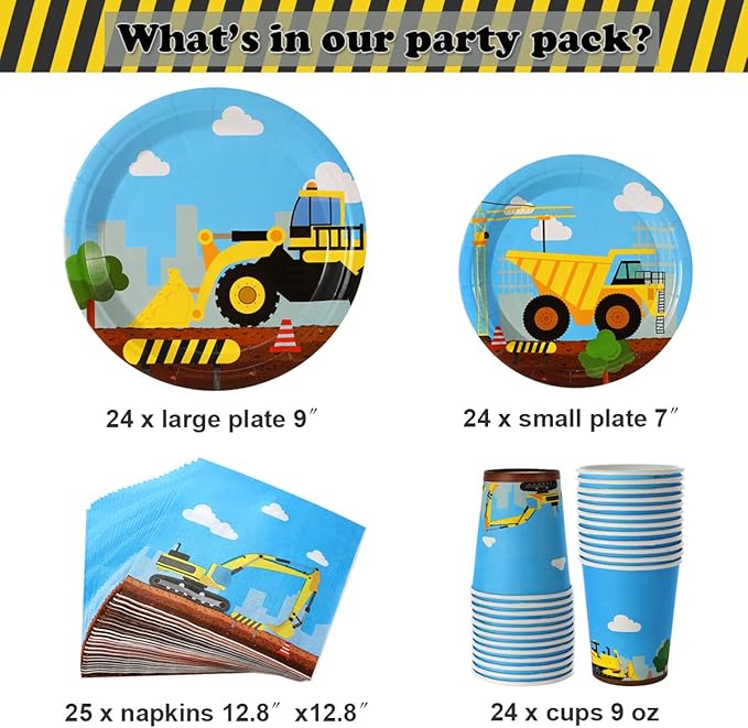 Construction Birthday Party Supplies Set 97 Pieces For Kids- Serves 24 Guest-Digger Truck Bulldozer Party Tableware Kit - Including Dump Truck Plates, Cups, Napkins