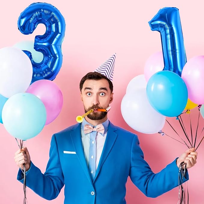 TONIFUL Balloons 16 Inch Blue 0-9 Number Mylar Foil Balloons 10 Pcs Blue Custom Digital Balloons for 2026 New Year Eve Birthday Engagement Graduations Anniversary Baby Shower