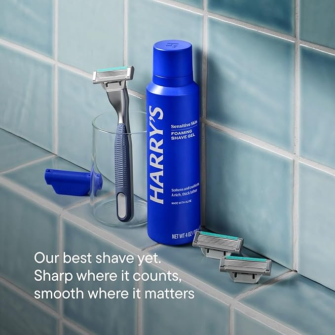 Harry's Plus Shaving Kit for Men - Premium Handle, 5 Razor Blade Cartridges, Foaming Shave Gel, and Travel Blade Cover - TSA Approved Travel Essentials - Advanced Pivoting System - Clay