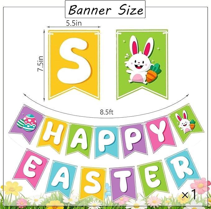 Easter Party Decorations, 16Pcs Happy Easter Banner and Large Easter Foil Balloons Decorations Set, Includes Bunny, Egg, Carrot, Daisy and Crucifix Mylar Balloons for Spring Party Holiday Celebrations