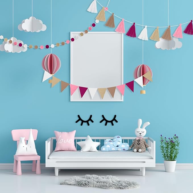 Irenare 9.8ft Pom Pom Garland Felt Rainbow Garland Graduation Party Decoration Colorful Pennant Tassel Banner Birthday Baby Shower Triangle Banner for Classroom School Mantel Fireplace(Pink)