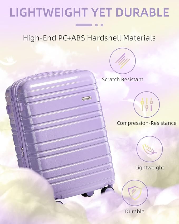 LARVENDER Carry on Luggage 22x14x9 Airline Approved, 20 Inch Hardside Suitcase with Wheels TSA Lock, PC+ABS Lightweight Travel Luggage Sets for Women, Glossy Lavender, 3 Piece Set