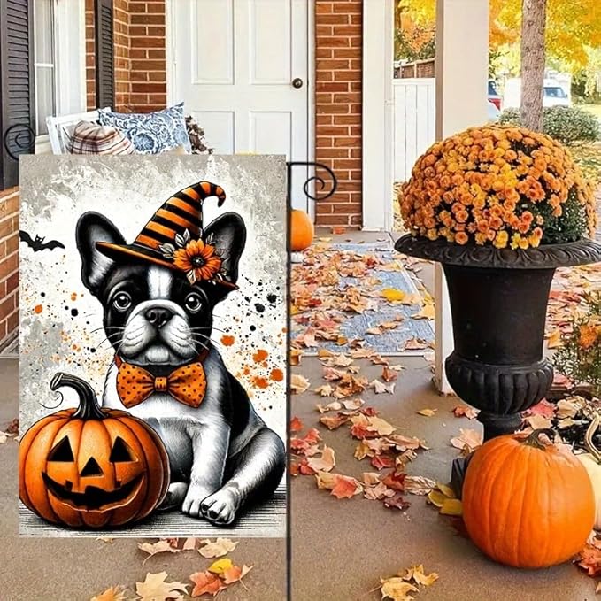 Halloween Garden Flag French Bulldog Pumpkin Witch Hat 12x18 Inch Double SidedOutdoor Yard Banner for Trick or Treat Spooky Haunted House Holiday Decoration Decor