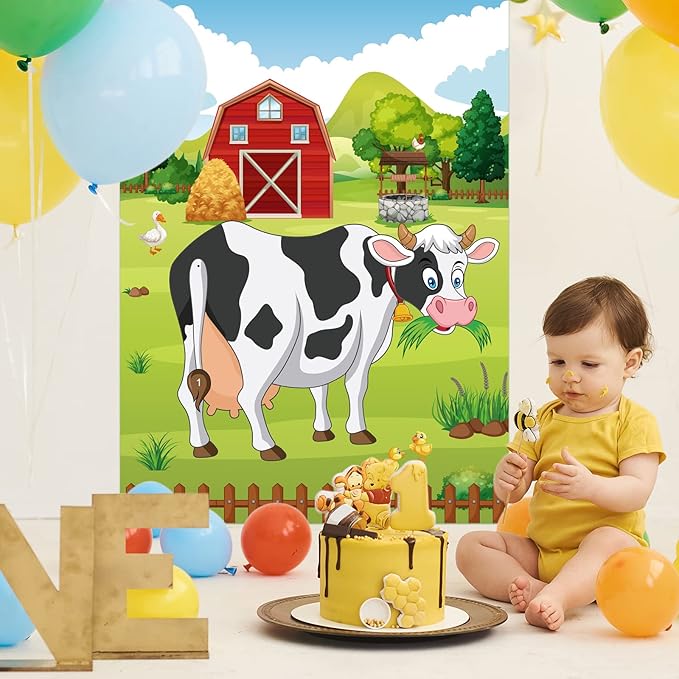 PLULON Pin The Tail on The Cow Party Game for Kids, Cow Farm Themed Animal Birthday Games Poster with Tail Stickers for Kids Farm Animal Donkey Party Favors Home Wall Decorations