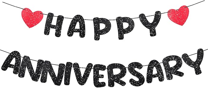 Happy Anniversary Decoration Glitter Anniversary Party Decorations Romantic Decorations Wedding Party Banner No DIY Pre-strung Happy Anniversaries Banner for Decoration Supplies Birthday Door(Black)