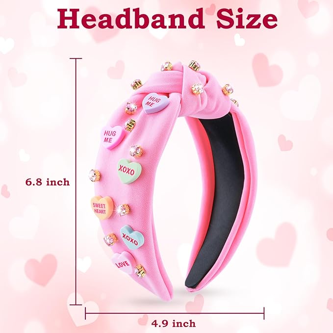 Valentine’s Day Headbands for Women, Candy Love Conversation Heart Headbands, Rhinestone Jeweled Trendy Pink Knotted Headband for Valentines Outfit, Valentine’s Day Gifts Hair Accessories for Her
