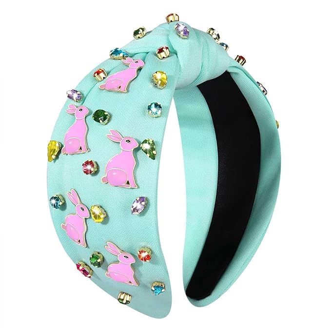 Easter Headbands for Women Girls Cute Easter Bunny Headband Jeweled Crystal Embellished Knotted Headband Holiday Party Hair Accessories (Bunny Blue)