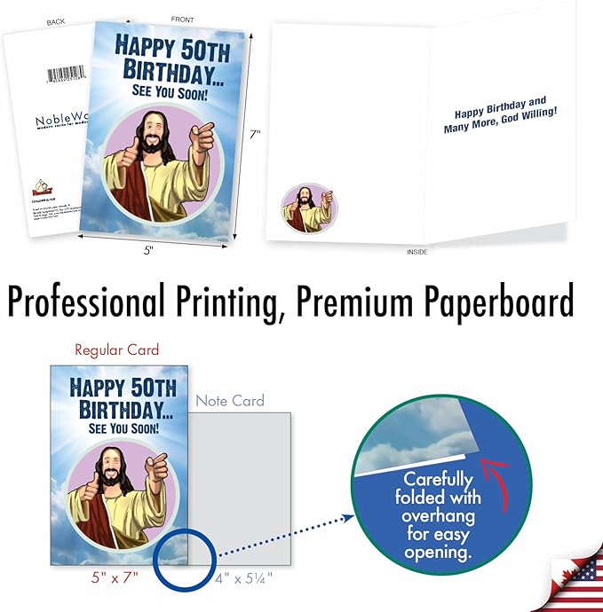 NobleWorks - Funny 50th Birthday Greeting Card - Joking God Humor Milestone, 50 Years Happy Bday Notecard with Envelope (1 Card) - See You Soon 50 C9065MBG