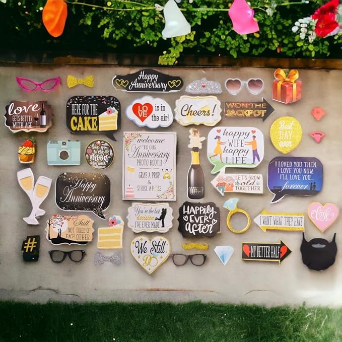 Anniversary Photo Booth Props - 41-pc Photobooth Kit with 8 x 10-Inch Sign, 60 Adhesive Pads, 45 Sticks - Wedding Anniversary Photo Props - Wedding Photo Booth Props
