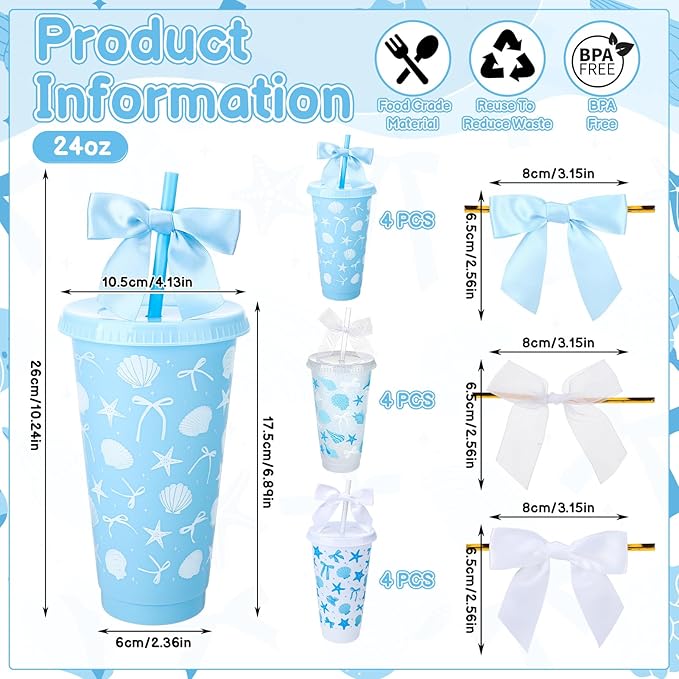 12 Pcs Bow Cups with Lids and Straws and Straw Caps 24 oz Reusable Drinking Cups Bulk for Birthday Wedding Baby Shower Bridal Shower Party Favors
