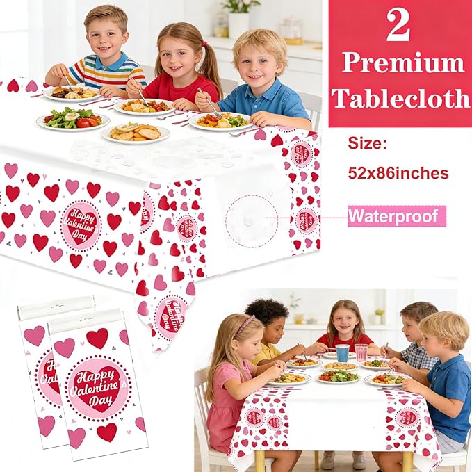 Valentines Day Paper Plate Tableware Set - 177 pcs Heart and Love Disposable Dinnerware with 2 Tablecloth - Red Paper Plates Napkins Cups for Valentines Day Kids School Office Party Supply