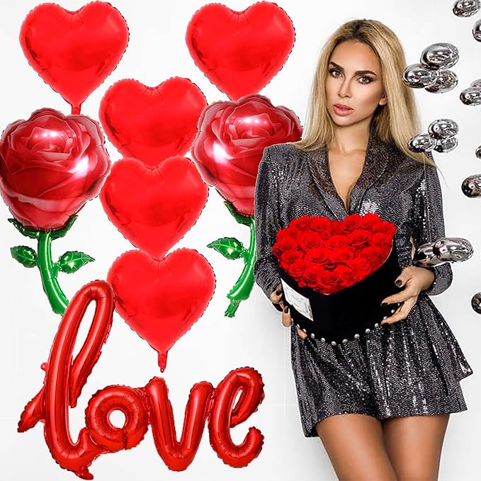 Valentine Balloons Red Love Balloons Red Heart Balloons and Red Rose Balloons Valentine Party Balloons for Valentine Day Decoration Special Night Party Decorations Theme Supplies Balloon Sets-8 PCS