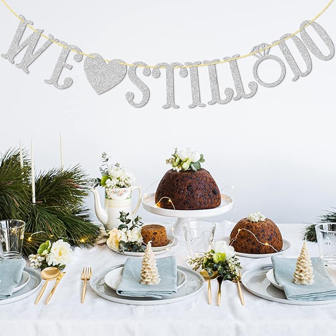 We Still Do Banner for Wedding Anniversary Party Decorations Sign Photo Prop (Silver Glitter)
