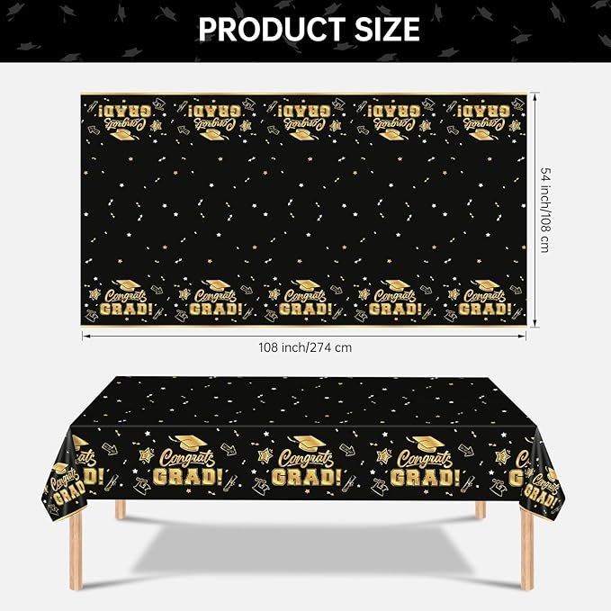 2 Pack Graduation Tablecloth - Congrats Grad Table Cloths, Plastic Disposable Rectangle Black Gold Class of 2026 Table Cover for Graduation Tables Decorations Party Decor Supplies Favors,108 x 54 Inch