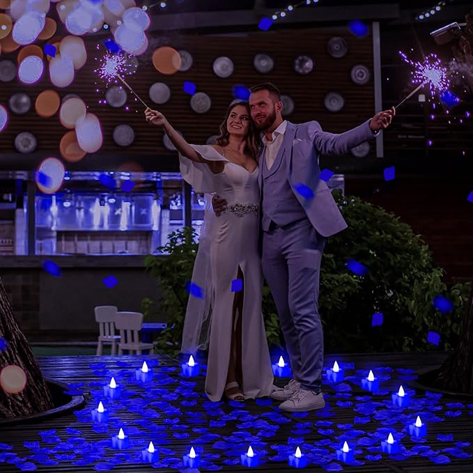 VIHOSE 4000 Pcs Artificial Rose Petals with 24 Pcs LED Tea Lights Candles Flameless LED Candles Fake Rose Petals for Wedding Birthday Party(Blue Light, Blue Petal)