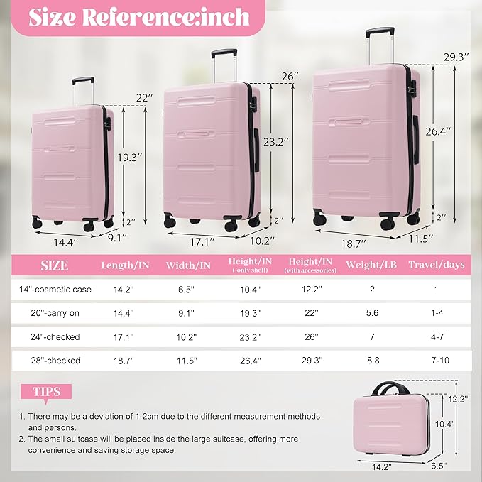 6 Pcs ABS Hardshell Luggage Set Spinner Wheel Suitcase Suitcase Baby Pink