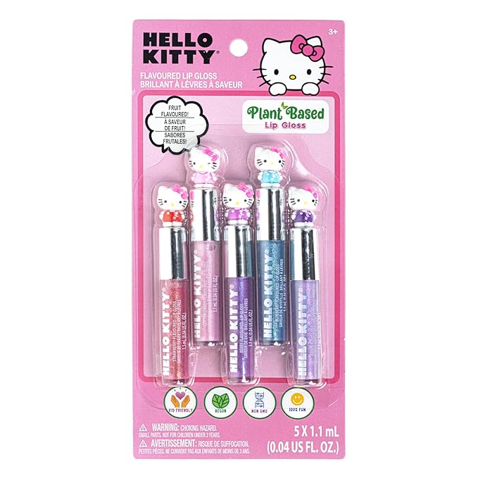 Hello Kitty 5 Pc Plant Based, Moisturizing Lip Gloss Makeup Set for Girls Kids Toddlers, Perfect for Parties Sleepovers Makeovers Birthday Gift for Girls 3 Yrs+ by Townley Girl