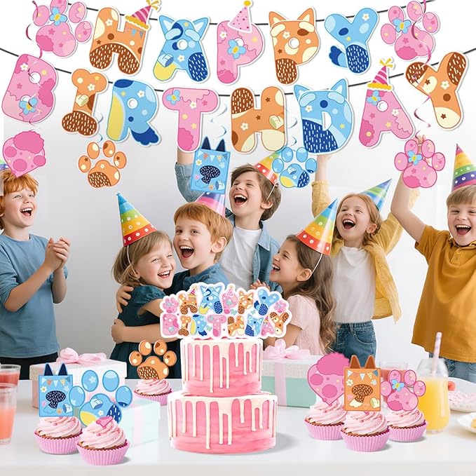 Kids Birthday Party Decoration Set, Pink Blue Orange Animal Theme, 18 Piece Balloon Pack with Banner, Cake Topper, Party Supplies